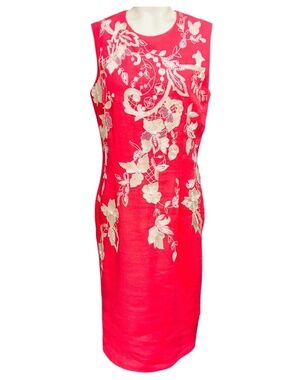 NAEEM KHAN CORAL / IVORY EMBROIDERED SLEEVELESS LINEN MIDI DRESS